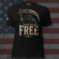 hooded reaper holding an American flag scythe with Fear the Free text front print black tee from Infidel Collective