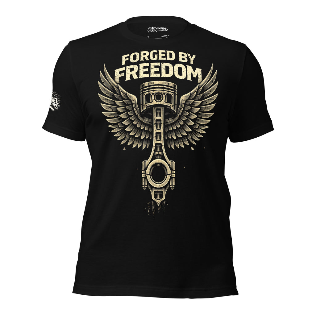Black t-shirt with 'Forged by Freedom' graphic design on a white background
