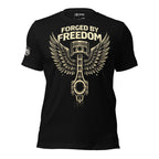 Black t-shirt with 'Forged by Freedom' graphic design on a white background