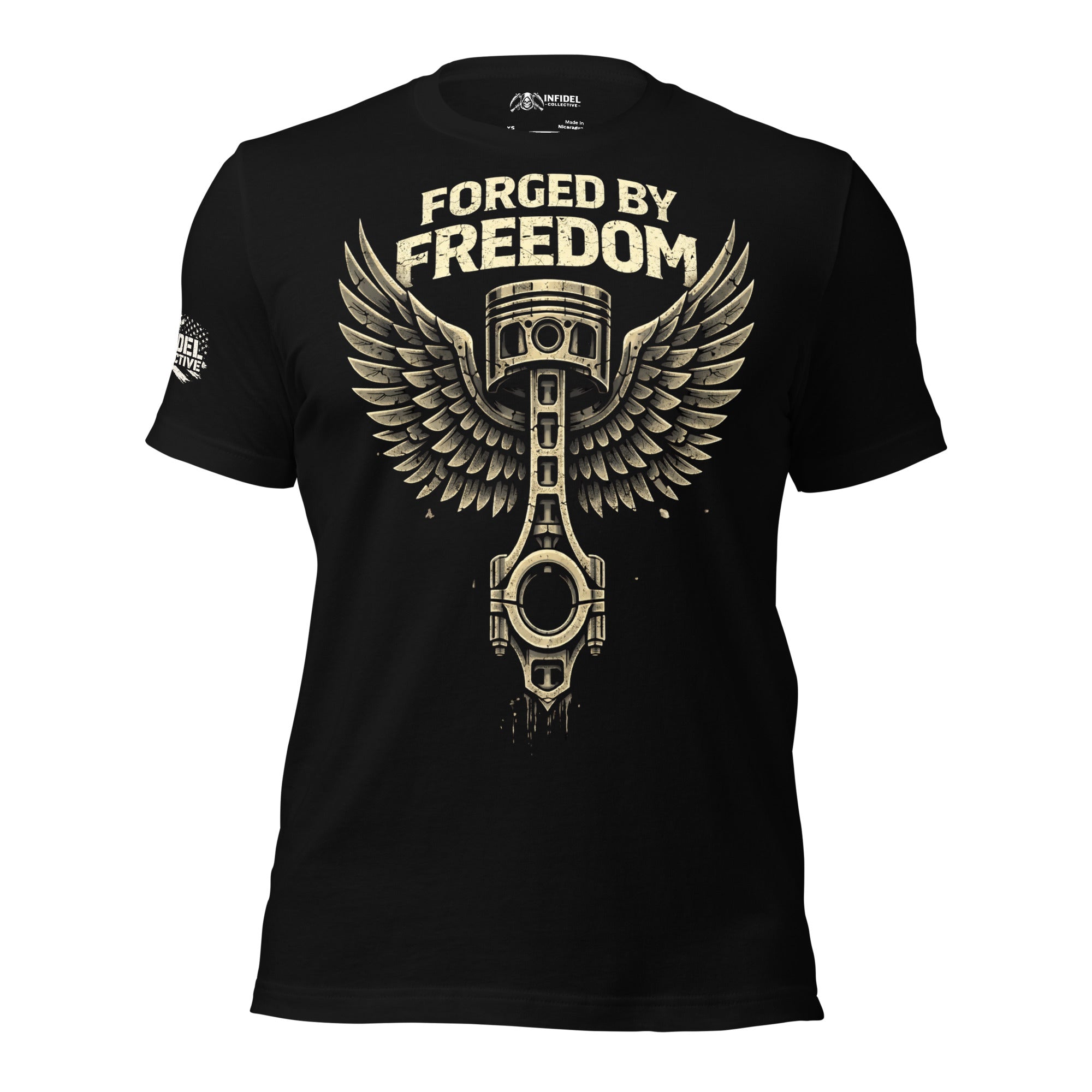 Black t-shirt with 'Forged by Freedom' graphic design on a white background