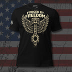 Black t-shirt with 'Forged by Freedom' design on a distressed American flag background