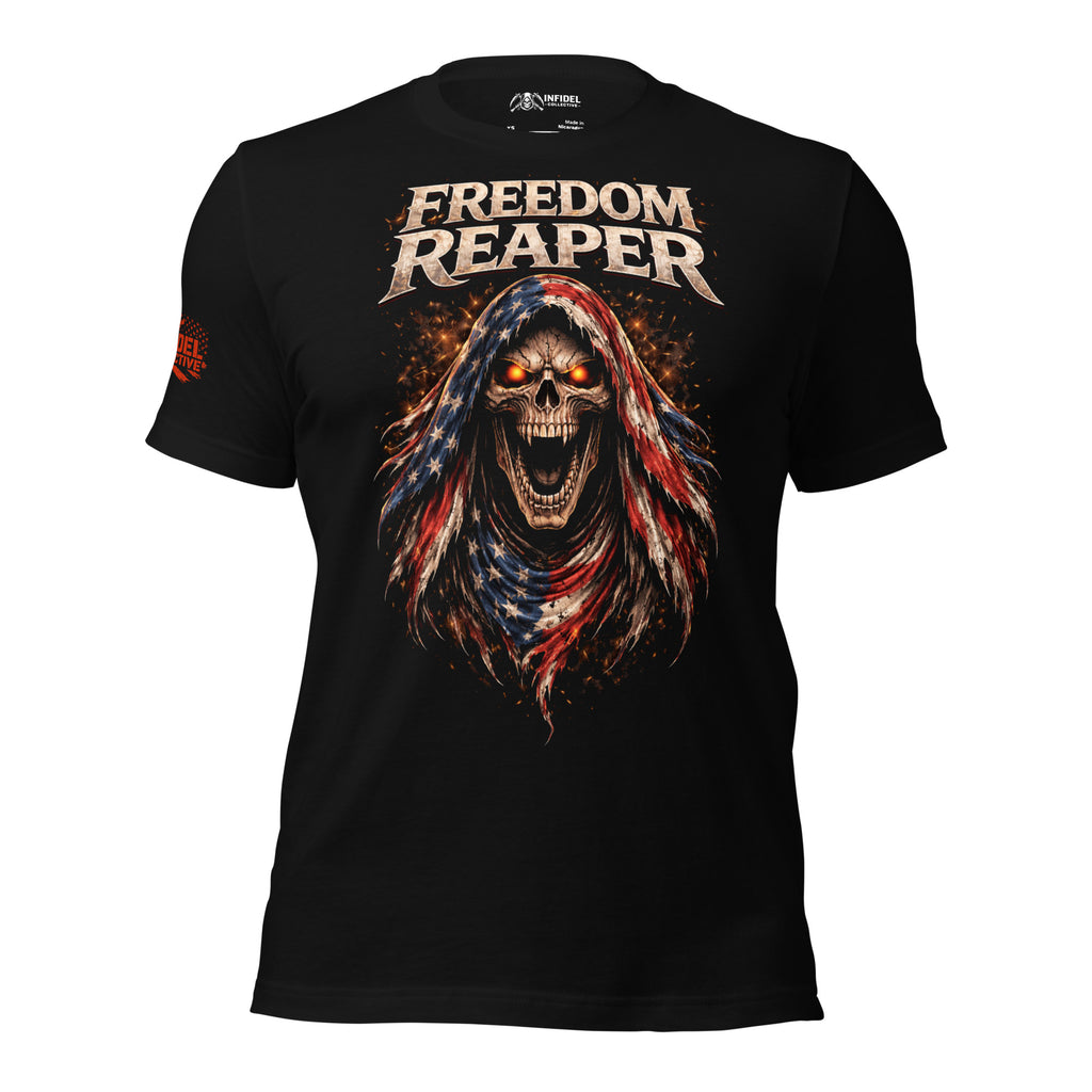 Black t-shirt with 'Freedom Reaper' graphic design featuring a skull with American flag colors on a white background.