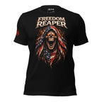 Black t-shirt with 'Freedom Reaper' graphic design featuring a skull with American flag colors on a white background.