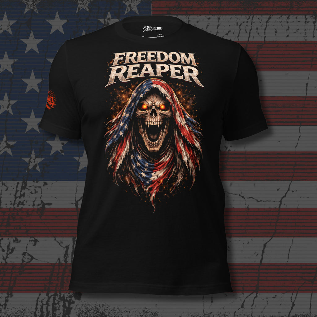 Black t-shirt with 'Freedom Reaper' design featuring a skull with American flag colors on an American flag background.