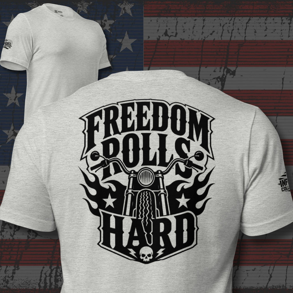 Freedom Rolls Hard motorcycle back print gray tee from Infidel Collective