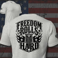 Freedom Rolls Hard motorcycle with flames and stars design back print athletic heather tee from Infidel Collective
