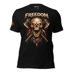 Black t-shirt with a graphic design featuring a skull, crossed axes, and the word 'Freedom' on a white background.