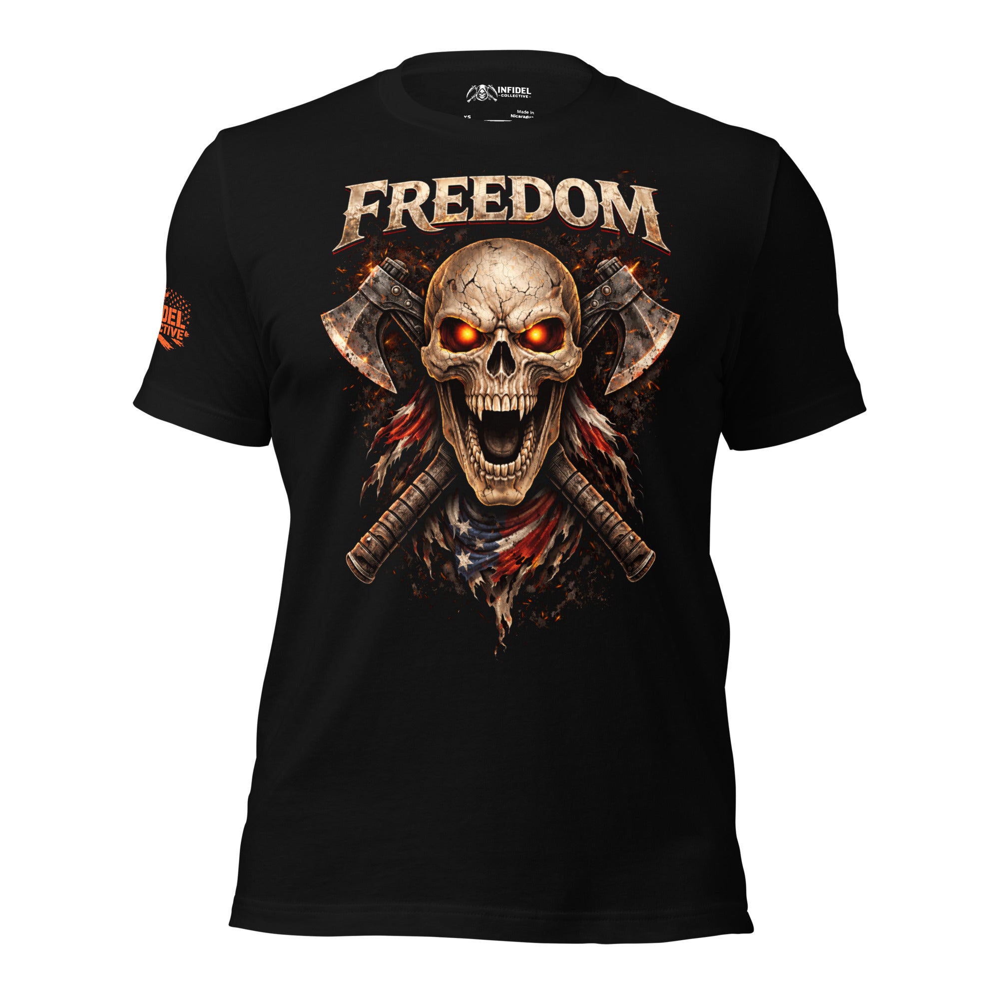Black t-shirt with a graphic design featuring a skull, crossed axes, and the word 'Freedom' on a white background.