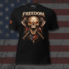 Black t-shirt with a skull and crossed axes design on an American flag background