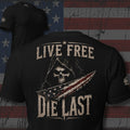 hooded reaper with blood-striped blade and Live Free Die Last text back print black tee from Infidel Collective