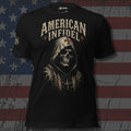 hooded skull with iron cross and American Infidel text front print black tee from Infidel Collective