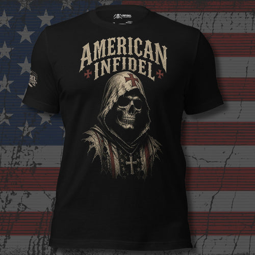 hooded skull with iron cross and American Infidel text front print black tee from Infidel Collective