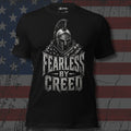 armored Spartan with American flag cloak and Fearless by Creed text front print black tee from Infidel Collective