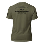 Back view of the Military Green Front Toward Enemy Claymore tee with the full M18A1-style warning graphic.