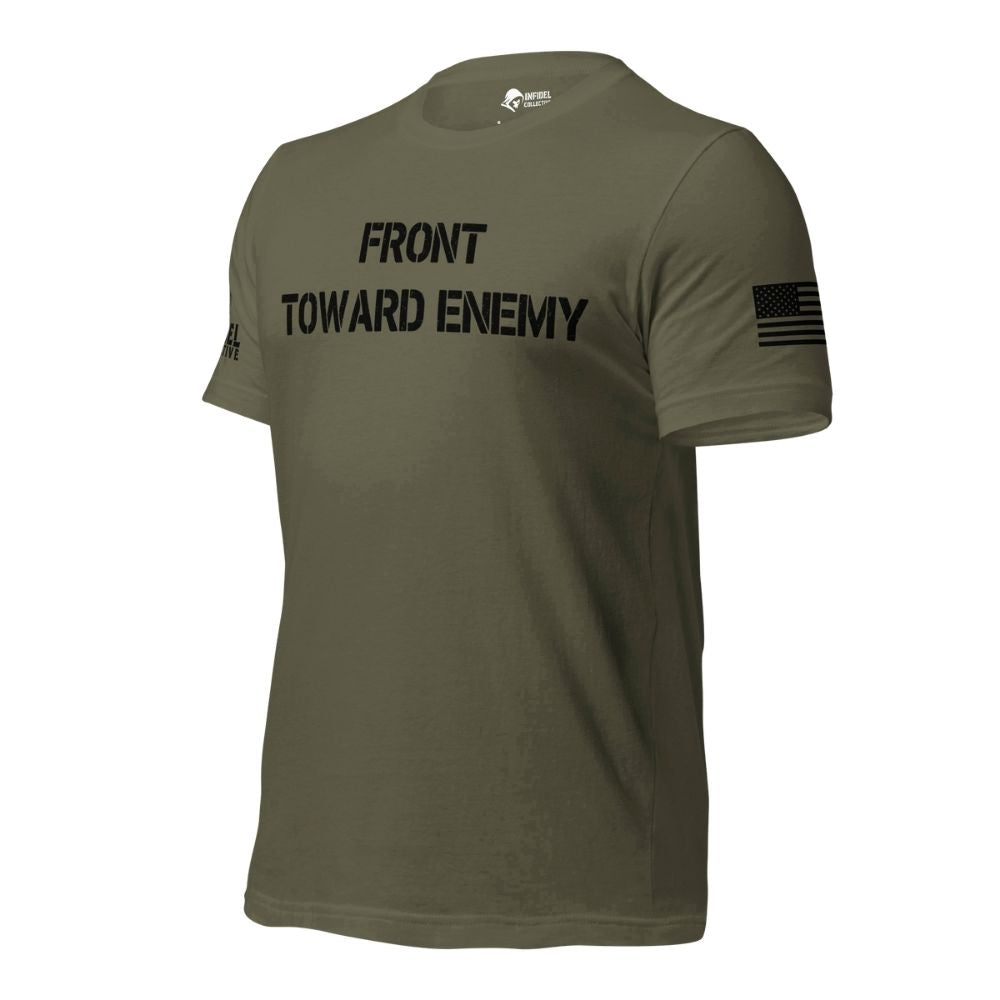 Front-right view of the Military Green Front Toward Enemy Claymore tee with FRONT TOWARD ENEMY chest text and branded sleeve details.