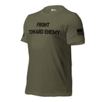 Front-right view of the Military Green Front Toward Enemy Claymore tee with FRONT TOWARD ENEMY chest text and branded sleeve details.