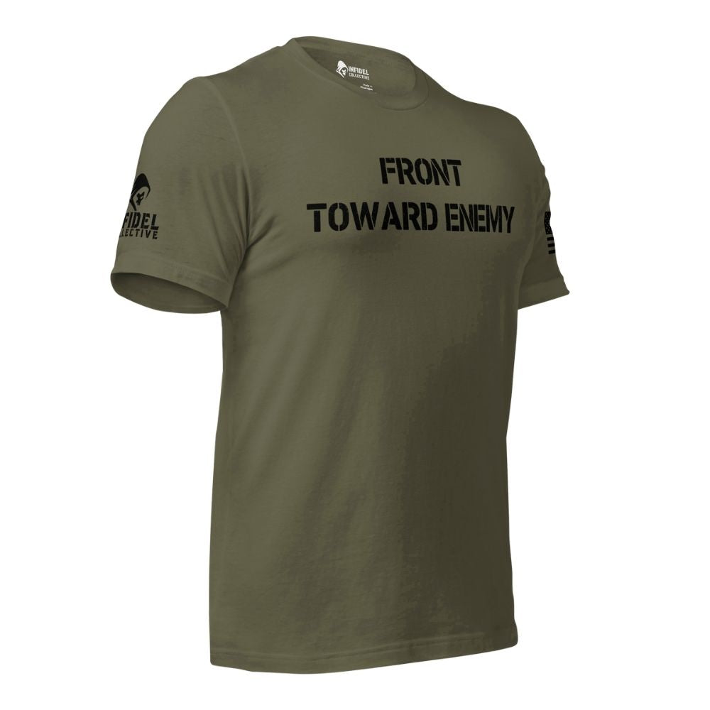 Front-left view of the Military Green Front Toward Enemy Claymore tee with FRONT TOWARD ENEMY chest text and branded sleeve details.
