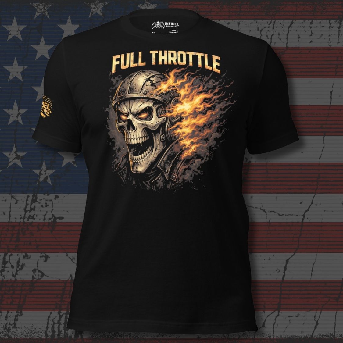 Full Throttle skull flame graphic black tee from Infidel Collective
