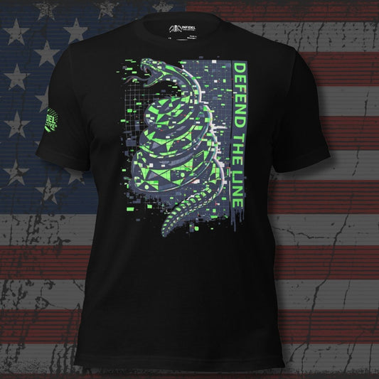 Black t-shirt with green graphic design and 'Defend the Line' text on an American flag background