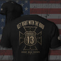 Get Right with the Road Mile 13 iron cross badge design back print black tee from Infidel Collective