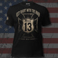 Get Right with the Road Mile 13 shield marker design front print black tee from Infidel Collective