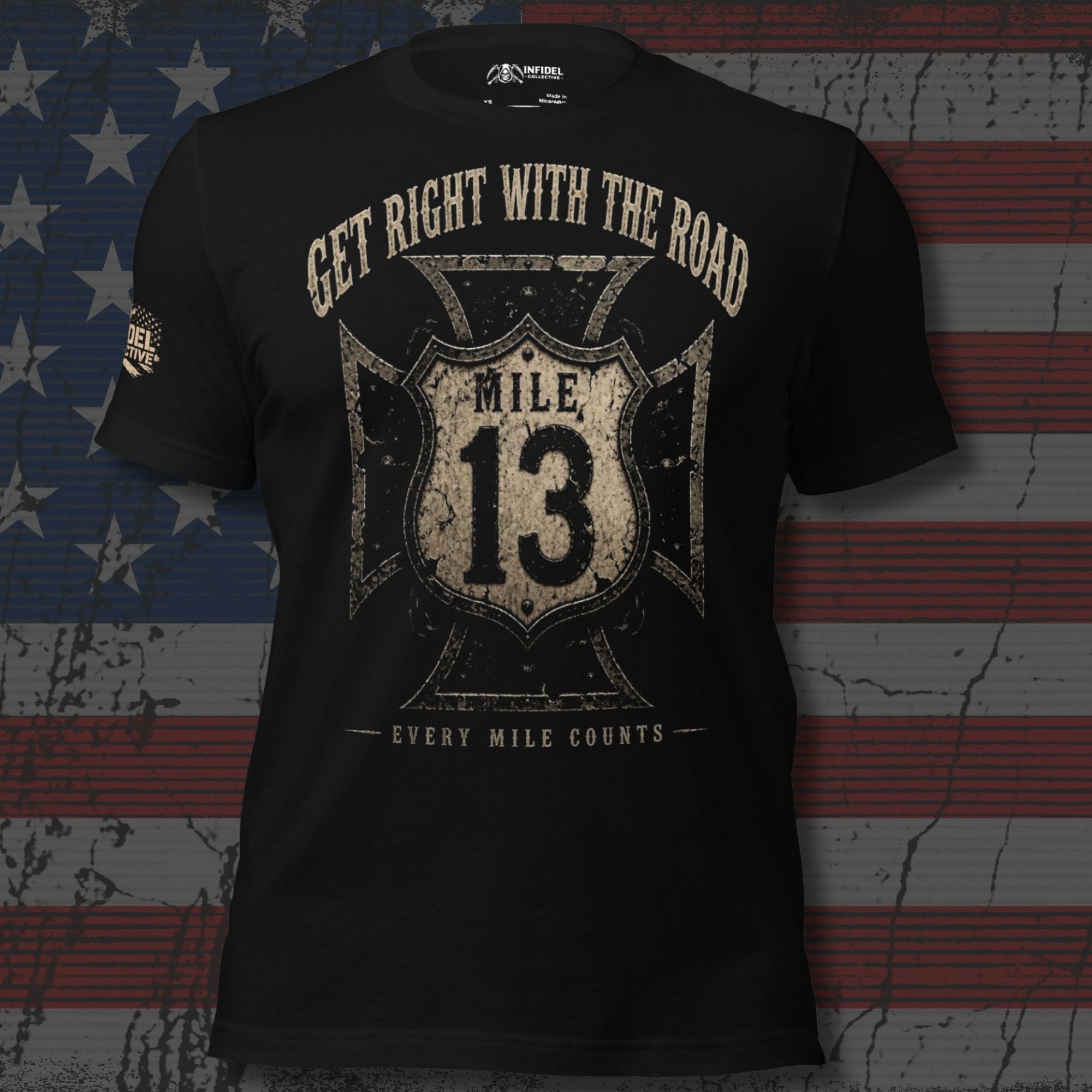 Get Right With the Road Mile 13 iron cross graphic black tee from Infidel Collective