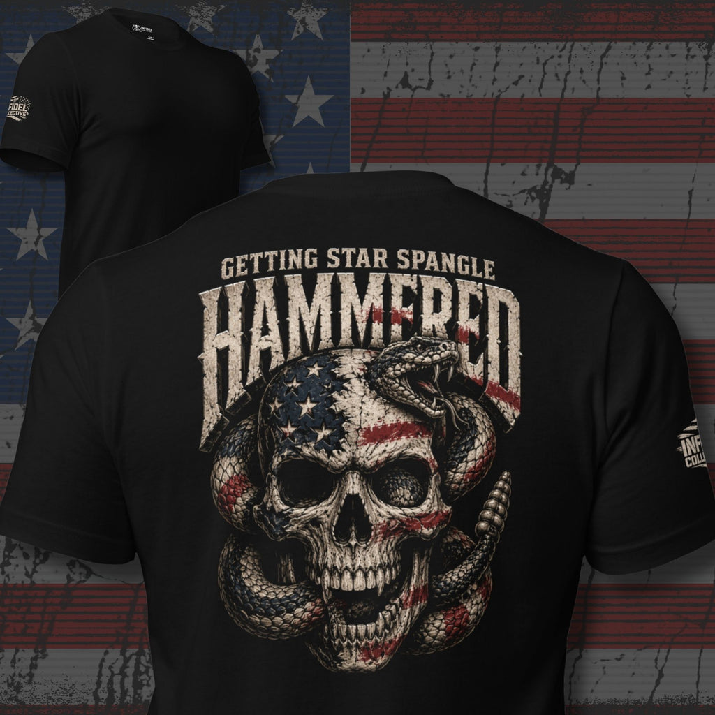 Getting Star Spangle Hammered back print graphic on black tee featuring an American flag skull wrapped in a rattlesnake with distressed lettering
