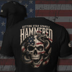 Getting Star Spangle Hammered back print graphic on black tee featuring an American flag skull wrapped in a rattlesnake with distressed lettering