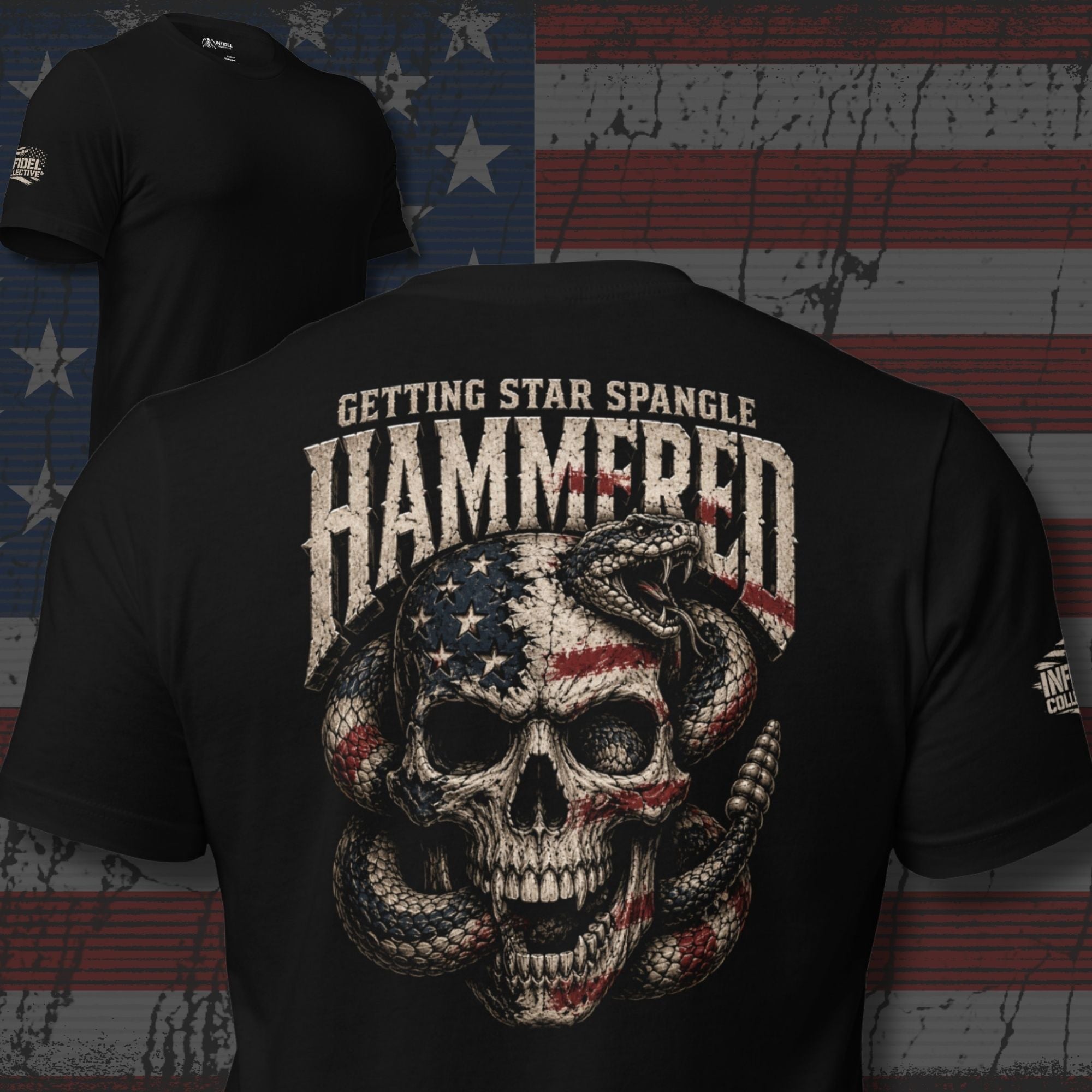Getting Star Spangle Hammered back print graphic on black tee featuring an American flag skull wrapped in a rattlesnake with distressed lettering
