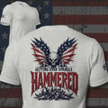Getting Star Spangle Hammered winged flag skull over crushed beer cans design back print athletic heather tee from Infidel Collective