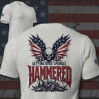 Getting Star Spangle Hammered back print graphic on athletic heather tee featuring a skull with American flag wings above a pile of beer bottles