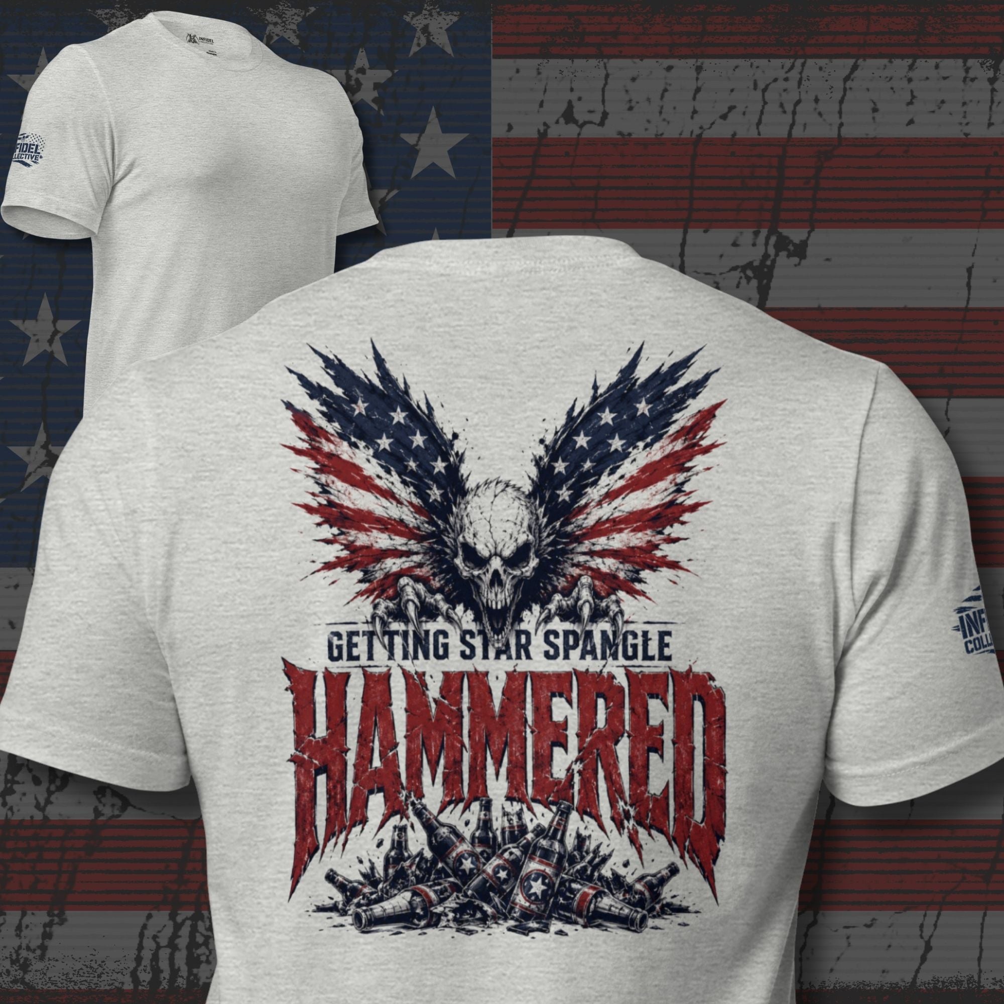 Getting Star Spangle Hammered back print graphic on athletic heather tee featuring a skull with American flag wings above a pile of beer bottles