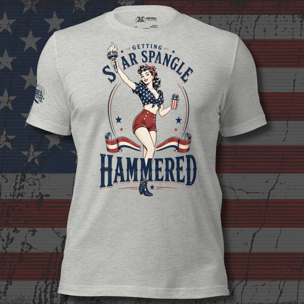 Getting Star Spangled Hammered front print graphic on athletic heather tee featuring a patriotic pin-up woman holding a torch and drink