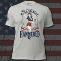 Getting Star Spangled Hammered patriotic pinup woman holding beer design front print athletic heather tee from Infidel Collective