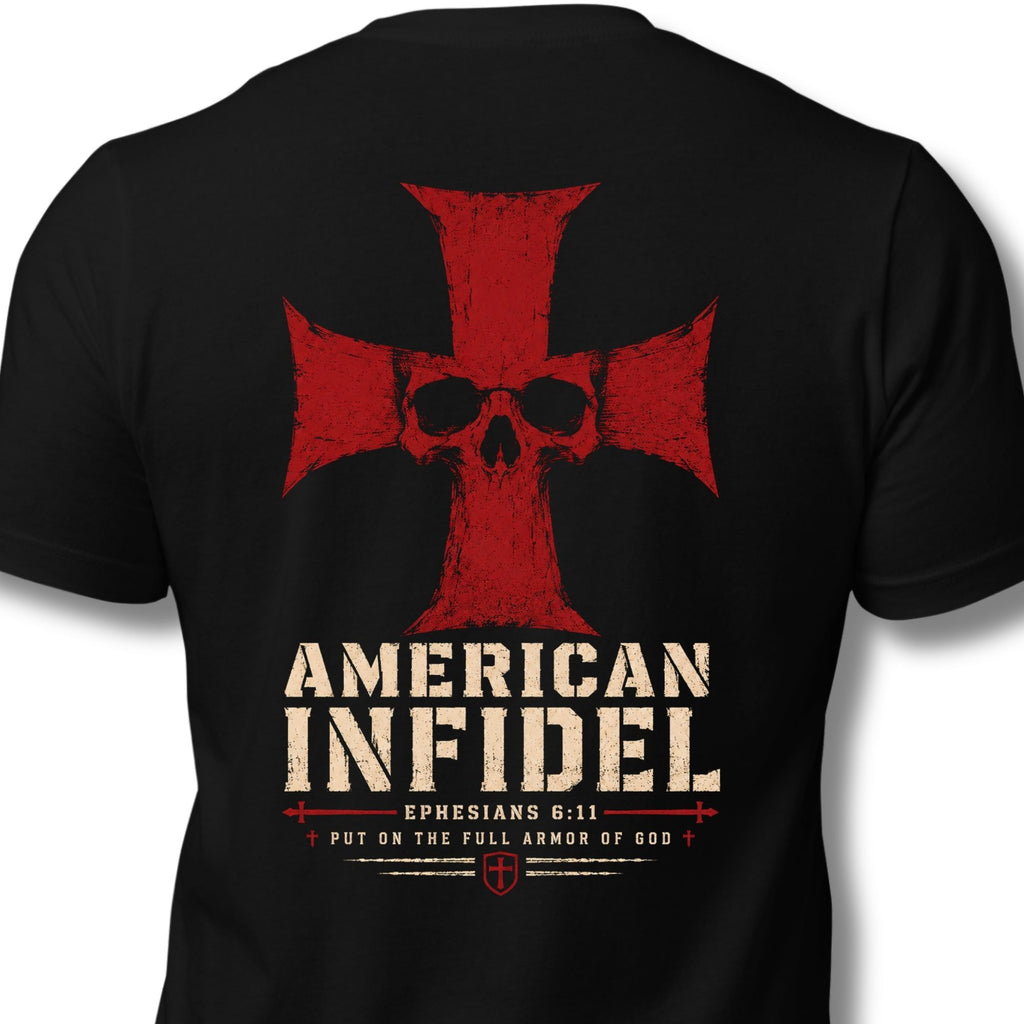 Full Armor American Infidel crimson cross back print black tee from Infidel Collective