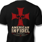 Full Armor American Infidel crimson cross back print black tee from Infidel Collective