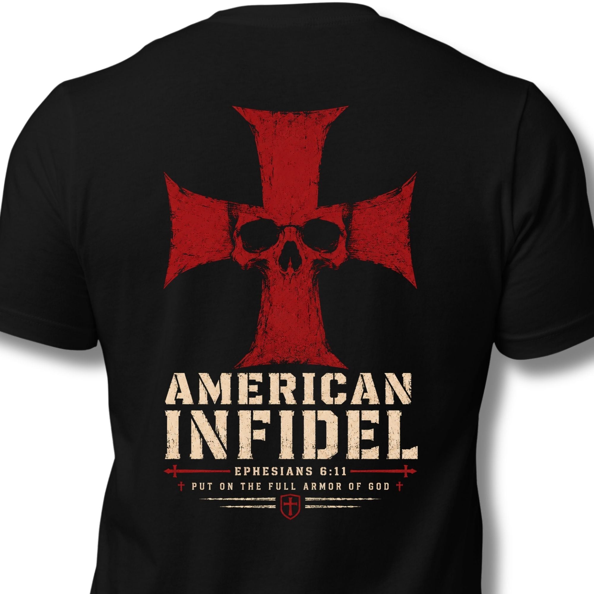 Full Armor American Infidel crimson cross back print black tee from Infidel Collective