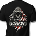 Black Fear the Infidel tee with large back print featuring hooded reaper skull and distressed American flag graphic