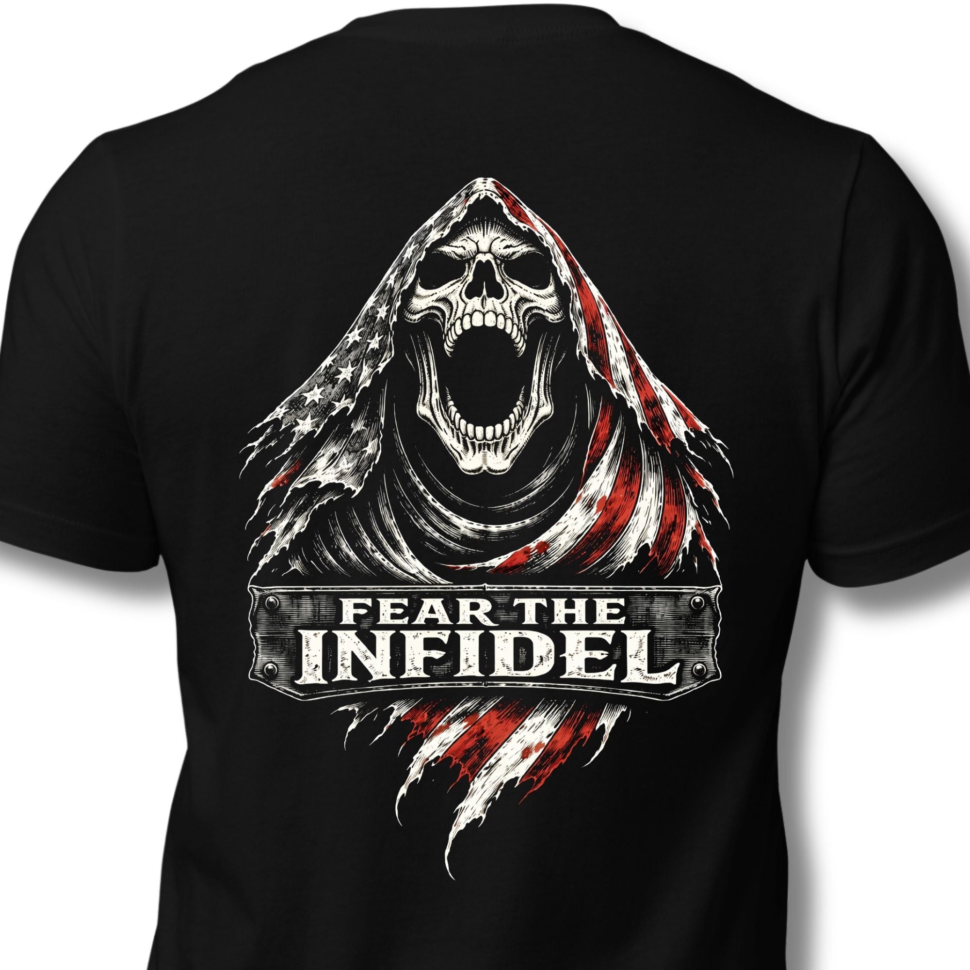 Black Fear the Infidel tee with large back print featuring hooded reaper skull and distressed American flag graphic