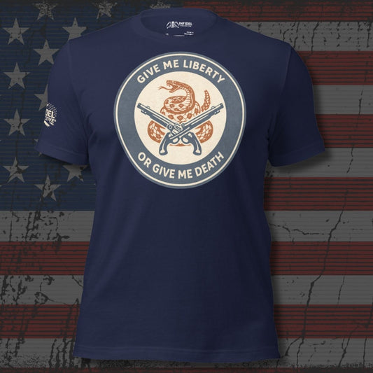 Navy blue t-shirt with a graphic design on an American flag background