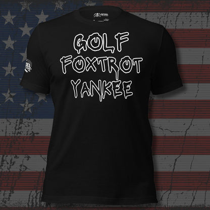 Black t-shirt with 'GOLF FOXTROT YANKEE' text on a distressed American flag background