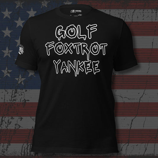 Black t-shirt with 'GOLF FOXTROT YANKEE' text on a distressed American flag background