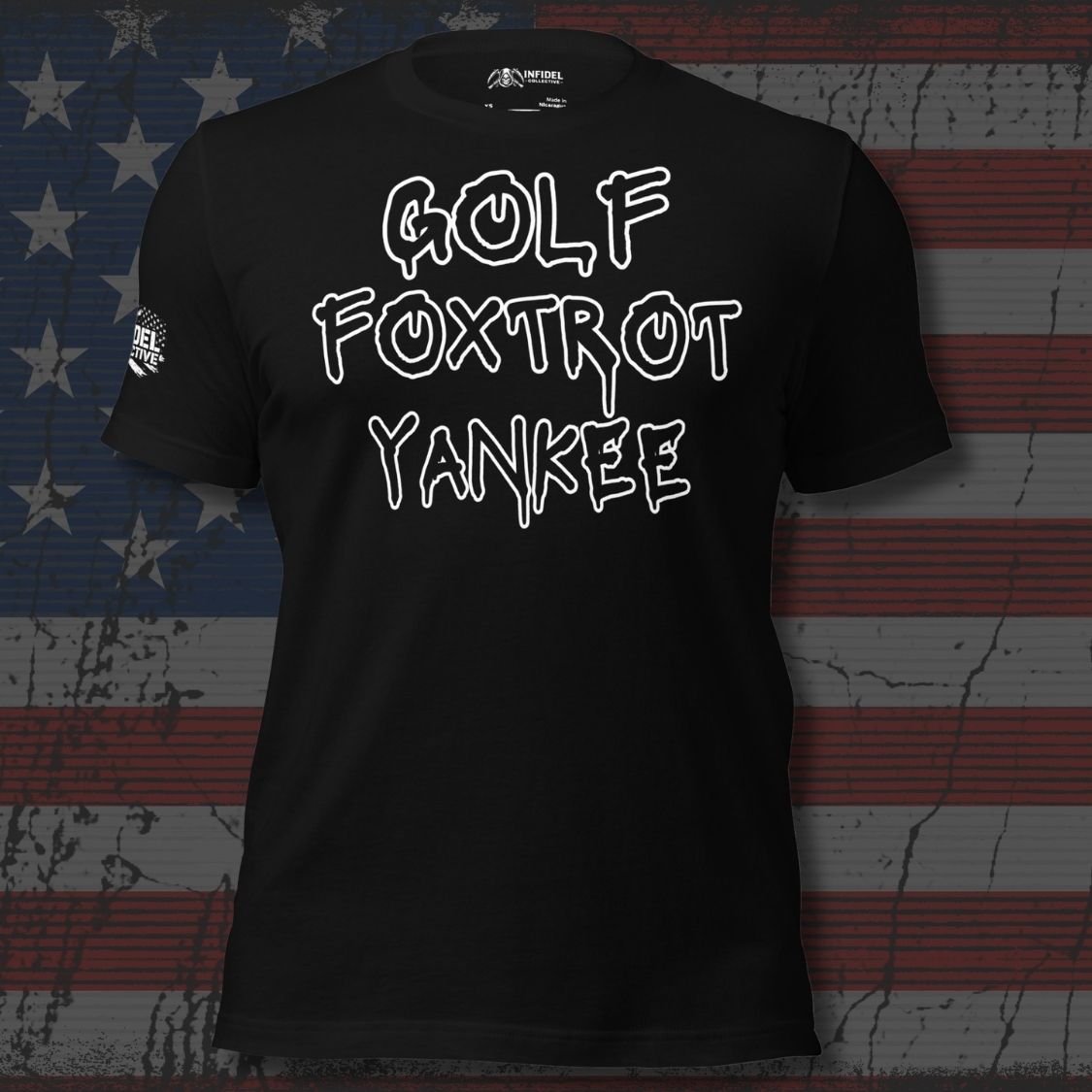 Black tee with Golf Foxtrot Yankee front print in white graffiti-style lettering