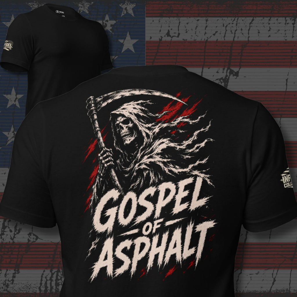 Gospel of Asphalt reaper back print black tee from Infidel Collective