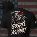 Gospel of Asphalt wind-torn reaper carrying a scythe design back print black tee from Infidel Collective