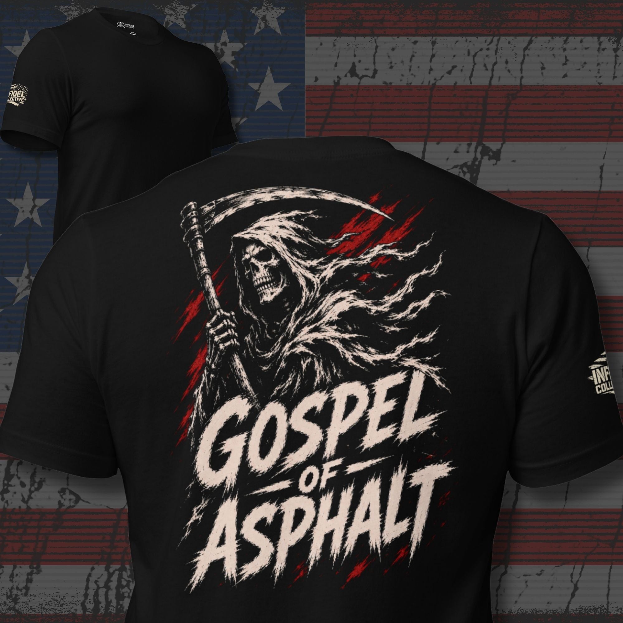 Gospel of Asphalt reaper back print black tee from Infidel Collective