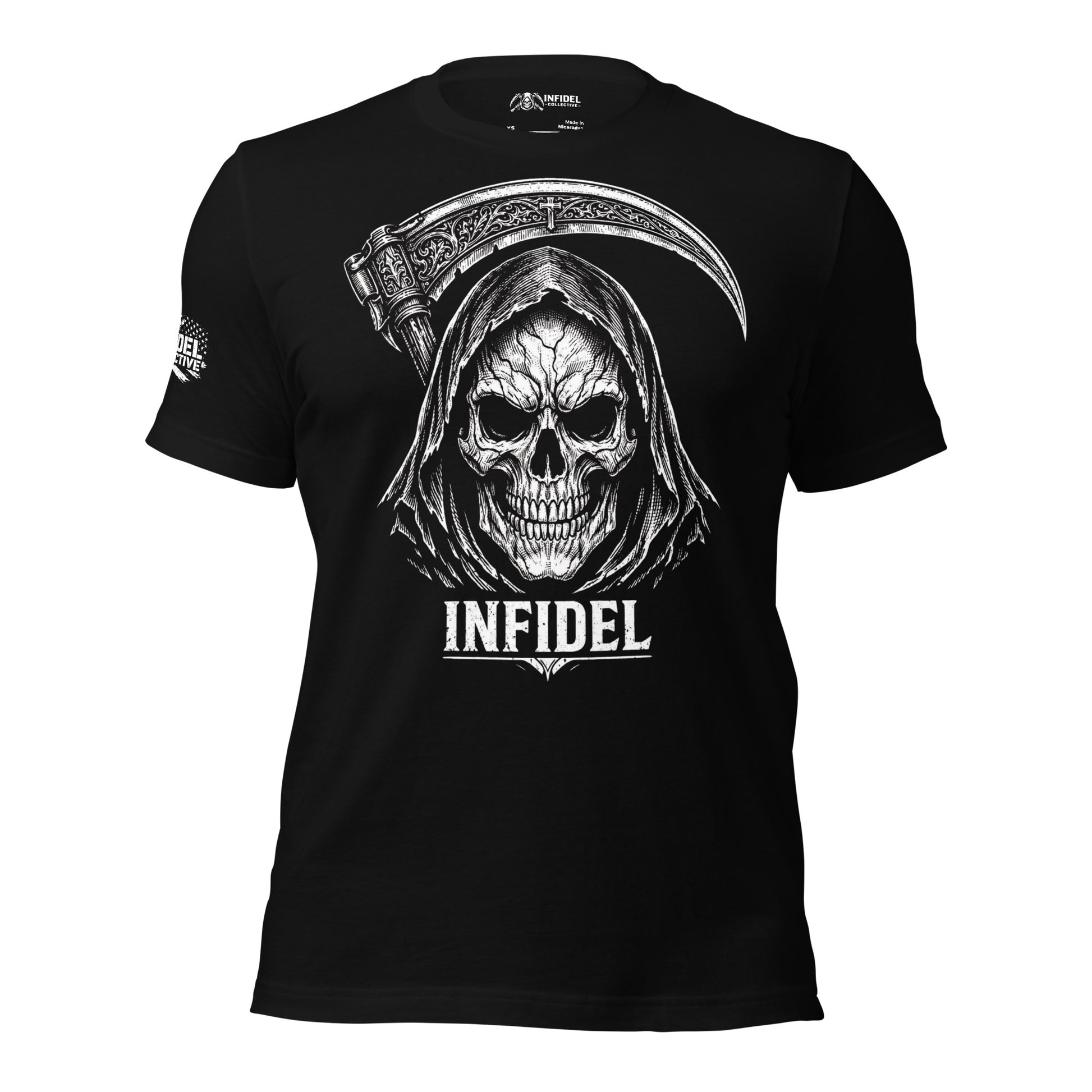 Black t-shirt with reaper and scythe graphic design and text 'INFIDEL' on a white background