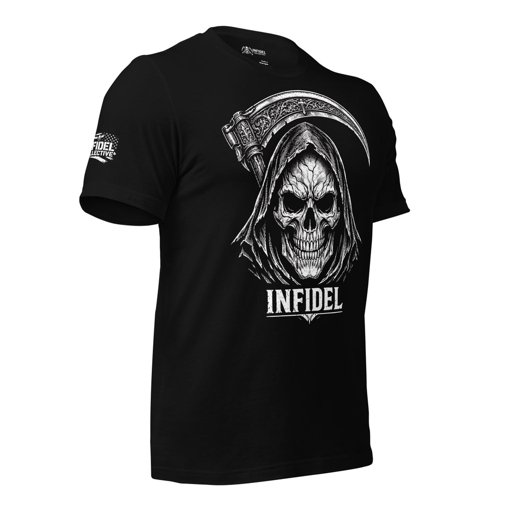 Black Gothic Infidel t-shirt featuring hooded skull reaper with ornate scythe and Infidel text