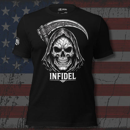 Black t-shirt with a skull and scythe design 'INFIDEL' across the front, on an American flag background.
