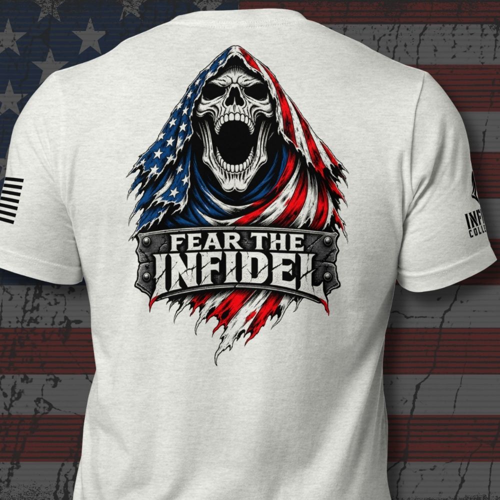 Fear the Infidel Red Streak Reaper back-print tee in gray